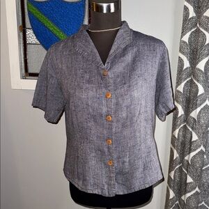 FLAX 100% Linen Denim Blue Short Sleeve Button Down Shirt SZ Petite Medium